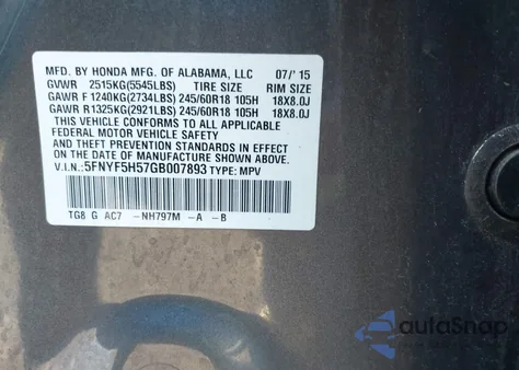 2016 Honda Pilot Ex-L z USA, uszkodzony, nr VIN 5FNYF5H57GB007893